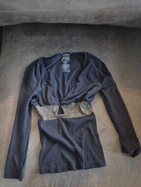 bebe Black Long-Sleeve V-Neck Top with Metallic Silver Waistband